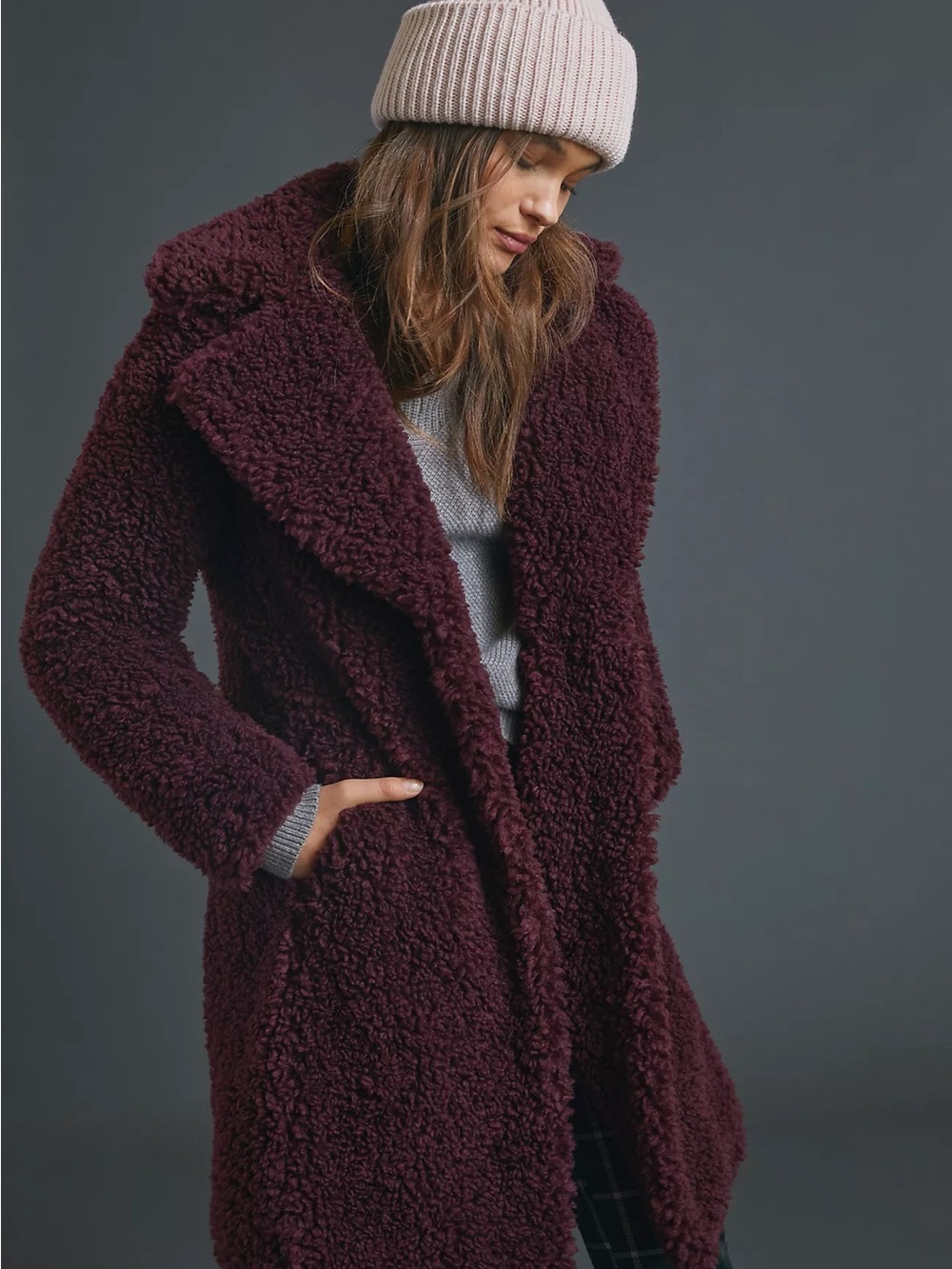 Sanctuary at Anthropologie Merlot Long Plush Teddy Coat, M